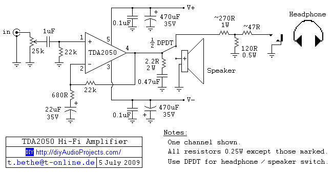 DIY TDA2050 Hi-Fi Amplifier Schematic