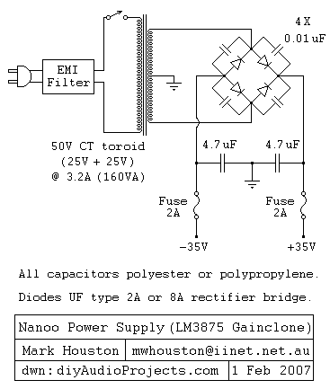 Power Supply Schematic for Nanoo LM3875 Gainclone