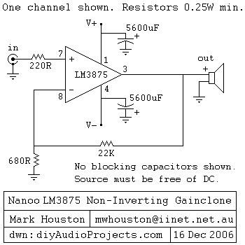 Schematic - LM3875 Non-Inverting Gainclone Amplifier