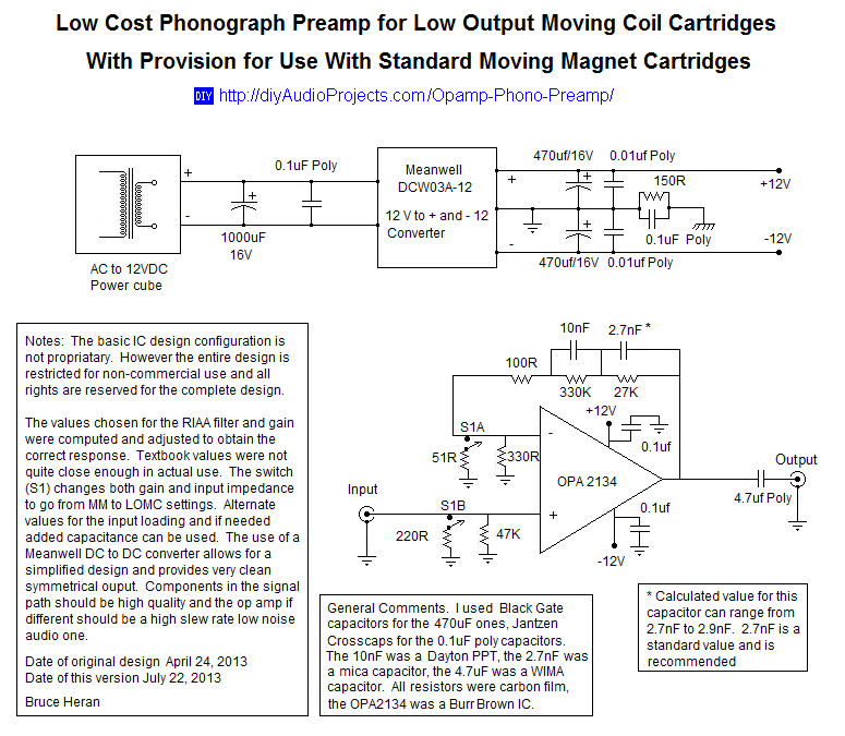OPA2134 Op-amp MM MC RIAA Phono Preamplifier Schematic