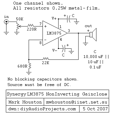 Schematic - LM3875 Non-Inverting Gainclone Chip Amplifier
