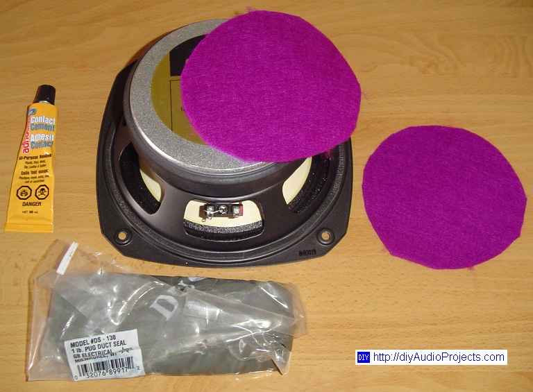 Adhesive cement, Fostex FE206E fullrange driver, cotton felt, duct seal putty