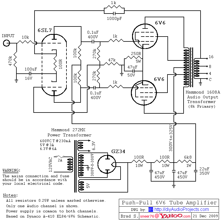 6SL7 driver / Push-Pull (PP) 6V6 / 6V6GT Tube Amplifier Schematic