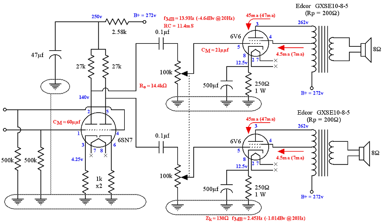 SE-UL 6V6 Tube Amplifier Schematic showing Both Channels