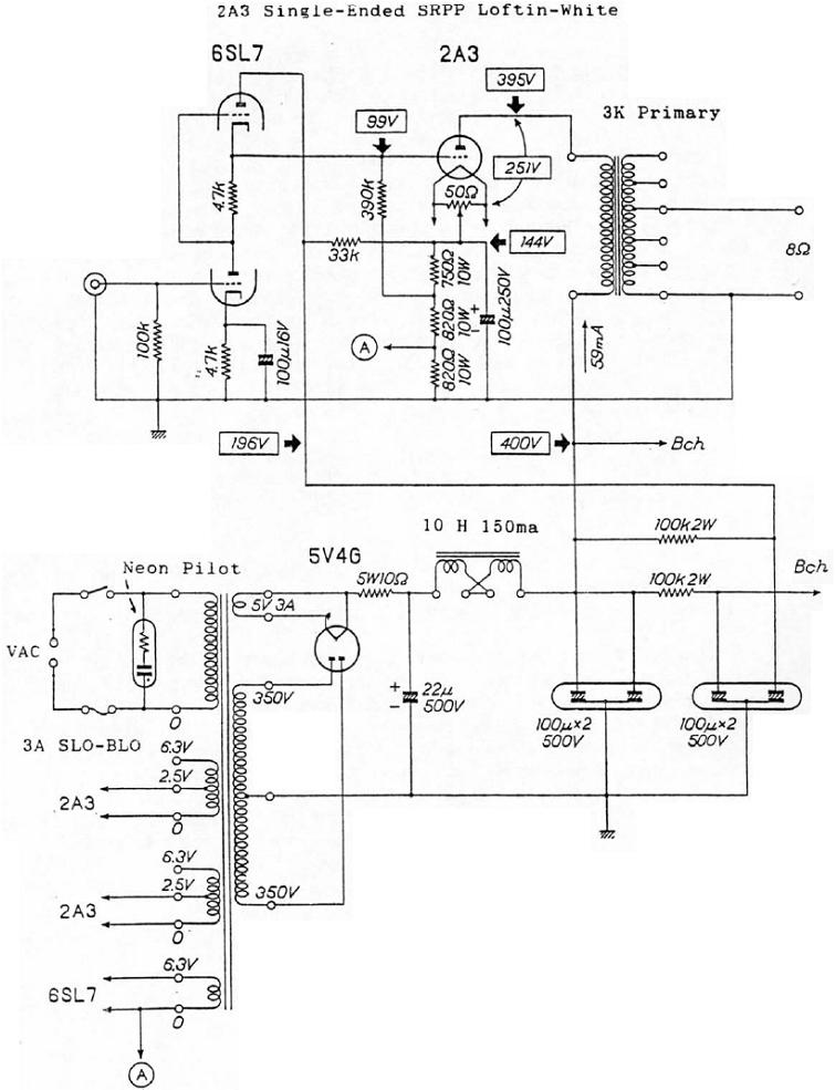 6SL7 SRPP / 2A3 Loftin-White Tube Amplifier Schematic
