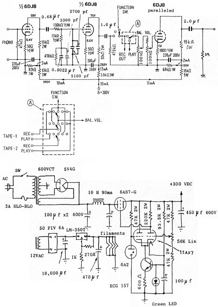 6DJ8 Tube Phono and Line Preamplifier Schematic