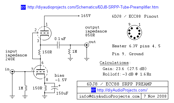 6DJ8 / ECC88 SRPP Tube Preamplifier Schematic
