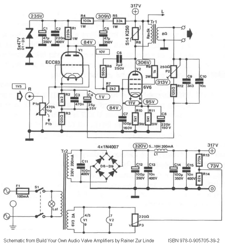 Direct-coupled Single-Ended (SE) 6V6 / 6V6GT Tube Amplifier Schematic