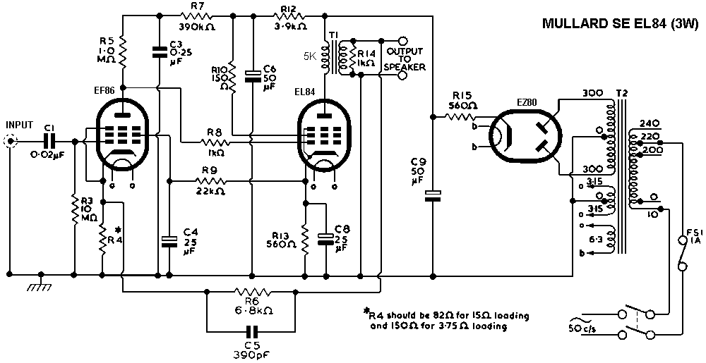Mullard Single Ended (SE) EL84 Tube Amplifier Schematic