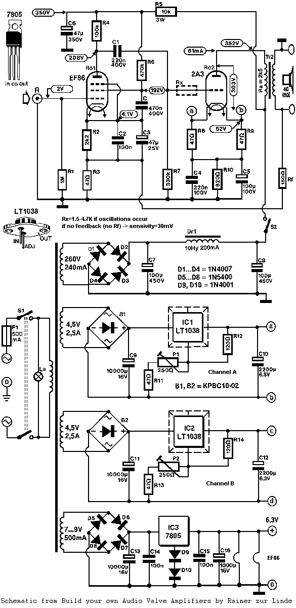 Single Ended Triode (SET) 2A3 Tube Amplifier Schematic with Power Supply