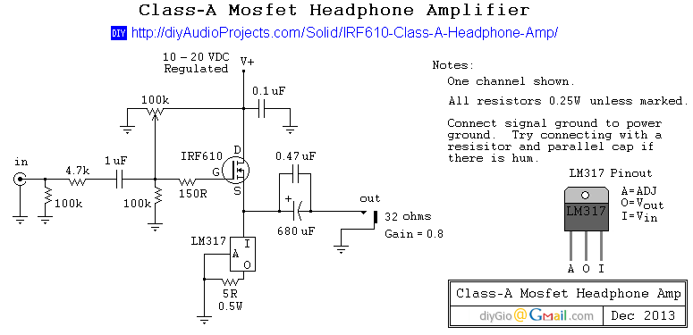 IRF610 Class-A Headphone Amp Schematic