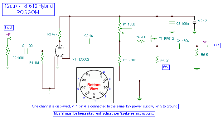 12AU7 Tube / IRF612 Mosfet Headphone Amp Schematic
