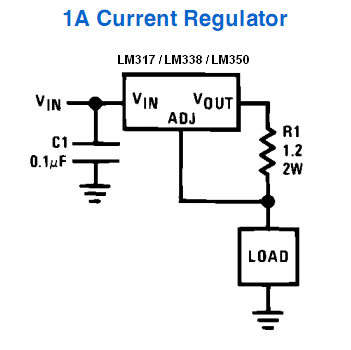 1 Amp Current Regulator Schematic for LM317 / LM338 / LM350