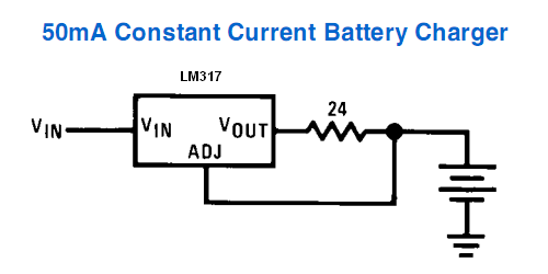 50mA Constant Current Battery Charger Schematic for LM317