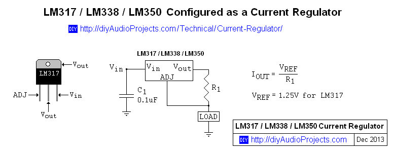 LM317 / LM338 / LM350 Current Regulator Calculator Schematic