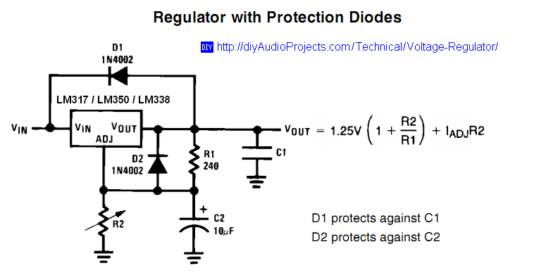 LM317 / LM338 / LM350 Voltage Regulator Schematic with Protection Diodes