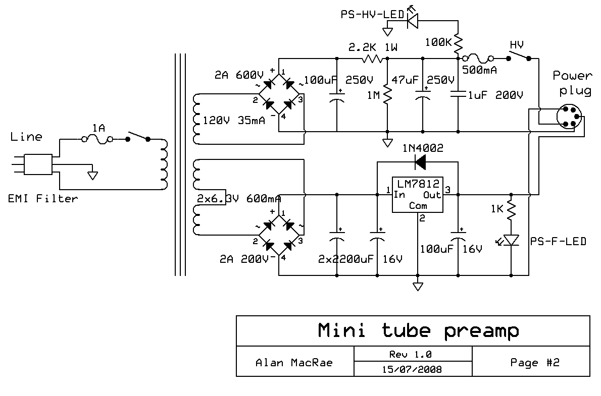 12AX7 / 12AU7 Tube Preamplifier Power Supply Schematic