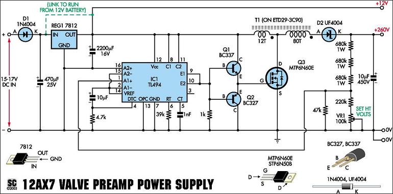 Power Supply Schematic for 12AX7 Preamp Kit