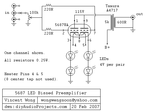 5687 Vacuum Tube Hi-Fi Preamplifier Schematic with LED Biased