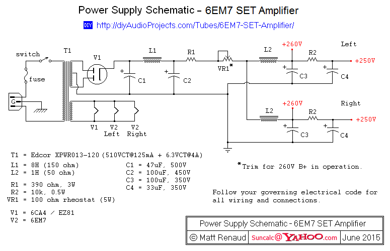 Power Supply Schematic - 6EM7 Single-Ended Triode (SET) Amp