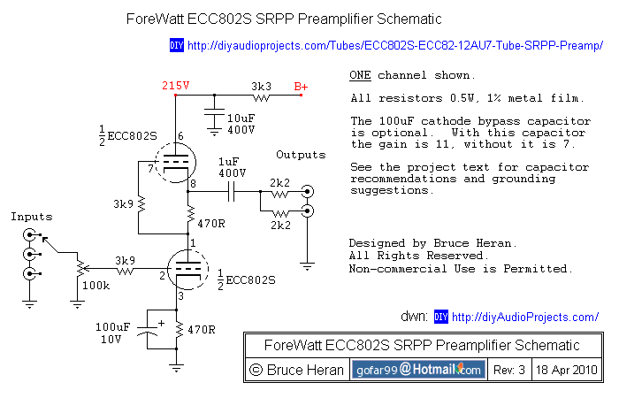 ECC802S / 12AU7 / ECC82  Tube Preamplifier Schematic