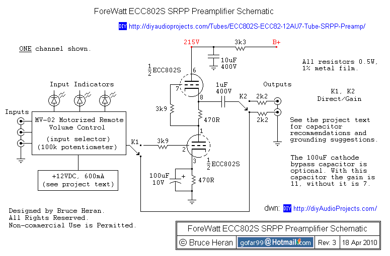 ECC802S / 12AU7 / ECC82  Valve Preamplifier Schematic