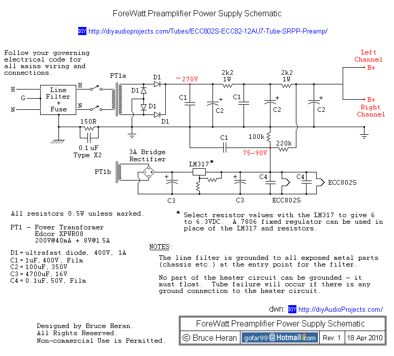 ForeWatt Preamplifier Power Supply Schematic