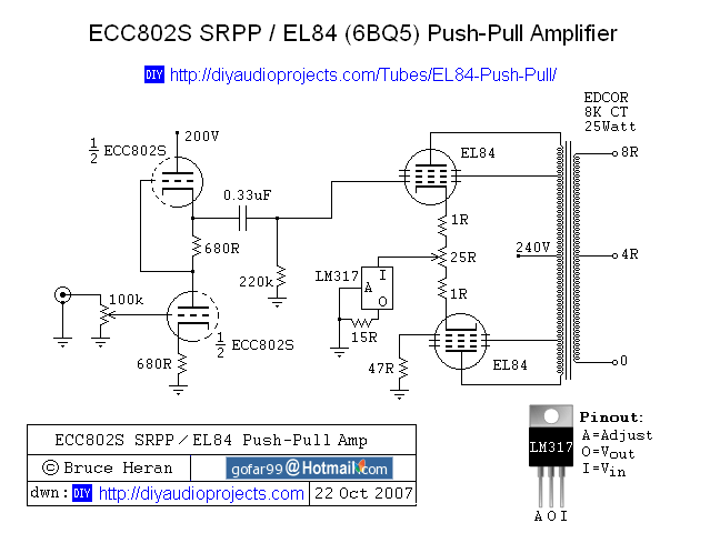 ECC802S SRPP / EL84 Push-Pull CCS Tube Amplifier Schematic