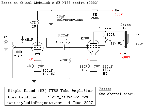 Single-Ended (SE) KT88 Tube Amplifier Schematic with 6N1P driver stage
