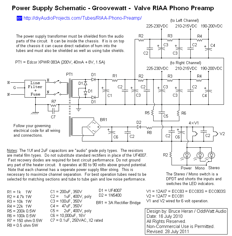 Power Supply Schematic - Groovewatt Tube (Valve) RIAA Phono Preamp